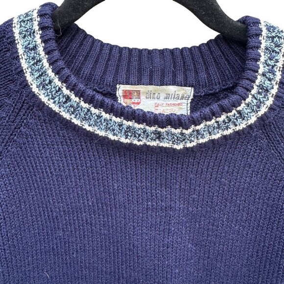Dino Milano Vintage Italian Mens Navy Light Blue Knit Crew Neck Ski Sweater M - Picture 4 of 7
